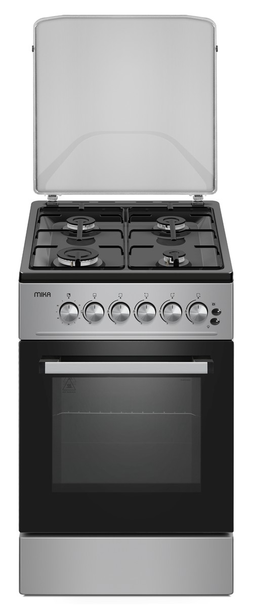 MIKA Standing Cooker, 50cm x 60cm, 4 Gas Pool Jet Burners, Button Ignition, Gas Oven 1 Burner, Black Hob, Silver Body