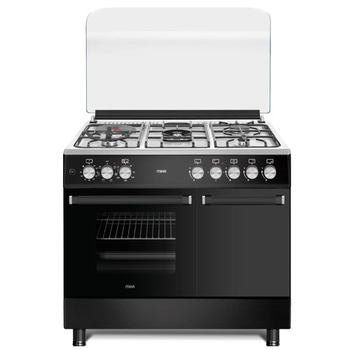MIKA Standing Cooker, 90cm x 60cm, 4 Gas Pool Jet Burners (1 Wok) + 1 RAPID Hot Plate, FLAME FAILURE SAFETY, Auto Ignition, 6 Function Electric Oven (Convection Fan), GAS CYLINDER CABINET, Rotisserie, Stainless Steel Hob, Matt Black Body