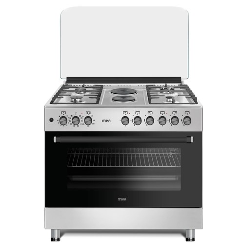MIKA Standing Cooker, 90cm x 60cm, 4 Gas Pool Jet Burners + 2 RAPID Hot Plates, FLAME FAILURE SAFETY, Auto Ignition, 10 Function Full 90cm Electric Oven (Air Fry+Convection Fan), Rotisserie, Half Inox