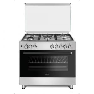 MIKA Standing Cooker, 90cm x 60cm, 5 Gas Pool Jet Burners (2 Wok), FLAME FAILURE SAFETY, Auto Ignition, 10 Function Full 90cm Electric Oven (Air Fry+Convection Fan), Rotisserie, Half Inox