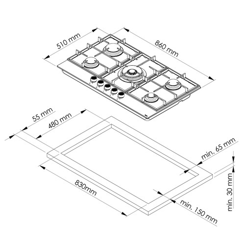 MIKA Built-In Gas Hob, 90cm, 6 Gas with WOK, Grey Glass - Image 2