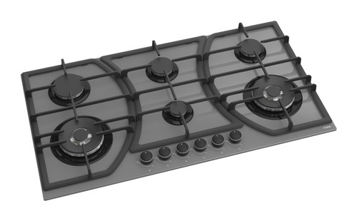 MIKA Built-In Gas Hob, 90cm, 6 Gas with WOK, Grey Glass - Image 3