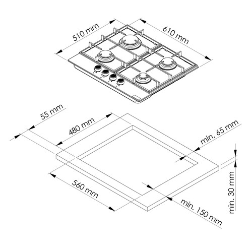 MIKA Built-In Gas Hob, 60cm, 4 Gas with WOK, Grey Glass - Image 3