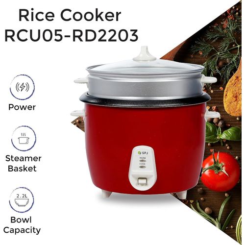 SPJ 2.2 Liter Electric Rice Cooker With Steamer, Stainless Steel Lid, Non-Stick Aluminium Inner Pot, Automatic Keep Warm Function- Red - Image 4
