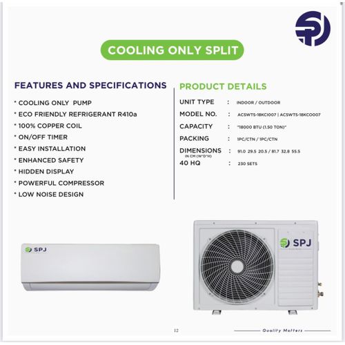SPJ Air Conditioner 18000 BTU Wall Split ACSWTS-18KCI007 - Image 2