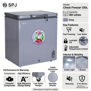 SPJ 130L Deep Freezer / Chest Freezer – Energy Saving, Low Noise, Fast Freezing, Lockable Lid – Grey (3 YRS WRNTY)